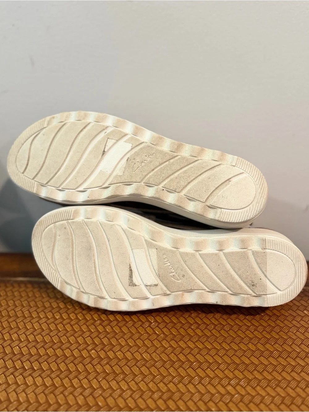 Clarks Shimmery Taupe Cross-Strap Wedge Sandals
